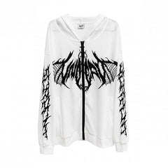 Gothic Lightweight Black/White Zip-Up Hoodie with Skeletal Wing Print