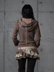 Wasteland Punk Khaki Y2K Tiered Hoodie Dress with Detachable Sleeves & Lace Trim