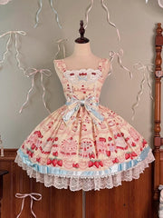 Strawberry and Cake Print Yellow Cute Dress Sweet Lolita Jumper Skirt