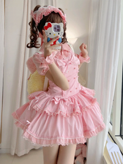 Pink Bow Accents Old School Lolita Sweet Dress Shimmer Polka Dots Fabric