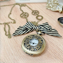 Bronze Alice in Wonderland Vibes Striped Pattern Bow Charm Pocket Watch Necklace