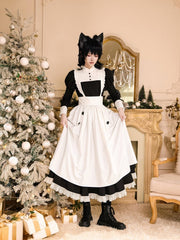 Black and White Mandarin Collar Maid Lolita Elegant Juliette Sleeves Dress with Pockets