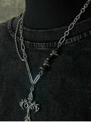 Silver Flame Cross Pendant Necklace with Asymmetric Chain