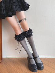 White/Black/Gray/Apricot Bowknot Details Lace Ruffled Trims Underknee Stockings