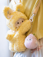 Yellow Rabbit-shaped Bowknot Plush Backpack + 3 Options Keychain Middle/Large Size