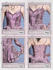 Dusty Pink Y2K Punk Studded Denim Slip Dress with Rhinestoned Totem Embroidery & Tiered Tulle Ruffles