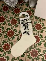White/Black/Gray Beaded Charm Bowknot Details Calf Socks