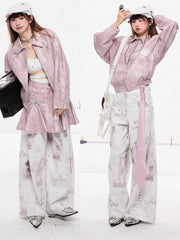 White Wide-leg Jeans with Hand-Drawn Doodles and Bow Print