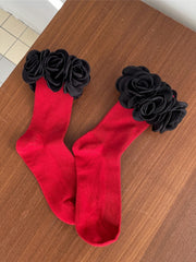 Red Ankle Socks With White/Black Camellia Decoration Cuff