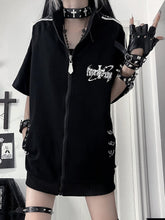 Black Punk Short Sleeve Zip-Up Jacket with White Cross Print & Striped Sleeves