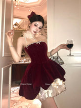 Red Shimmer Velvet Strapless Mini High-low Dress with Rhinestone Detail