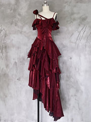 Red Shimmer Asymmetrical Layered Flounce Spaghetti Strap Prom Dress Evening Gown