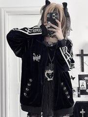 Gothic Black Velvet Tracksuit Jacketwith Sleeve Tape Text&Back Cross Print