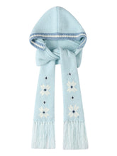 Light Blue Snowflake Knit Hooded Scarf with Fringe Tassel Edging