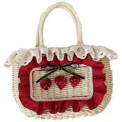 Sweet Lolita Strawberry Lace Details Straw Tote Bag