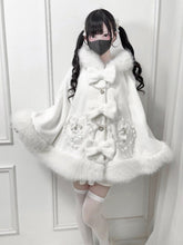 White Furry Jirai Kei Hooded Cape with Bow & Bead Chain Decor