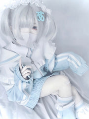 White&Blue Jirai Kei Sailor Collar Zip Closure Sweatshrit Jacket With Asymmetrical Leg Warmers