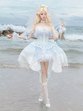 Ocean-themed Print Blue Fairy Corset Dress Lolita JSK + Choker + Wrist Cuffs + Head Veil