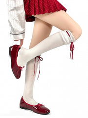 White Lace Trim Lolita Calf Socks with White/Red/Black Bowknots