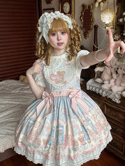 Teddy and Bunny Plush Toy Print Blue Sweet Lolita Overall Dress
