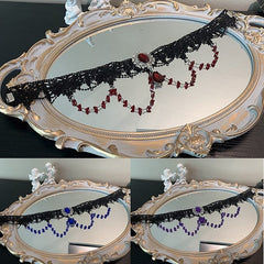 Red/Blue/Purple Rhinestone Gothic Lolita Necklace with Lace Details