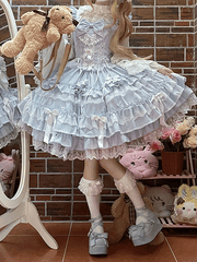 Blue Lace-up Waist Lace Trim Old School Lolita Cotton Dress Flutter Sleeves Jumper Skirt