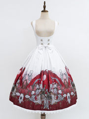 White & Red Skeleton and Cross Print Under Bust Gothic Lolita Dress with Lace Trim