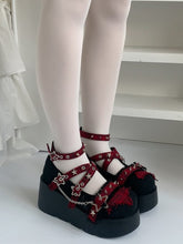 Idol Punk Platform Shoes | Black Round-Toe with Red Plaid Crossed Buckle Straps & Spike and Star Studs