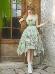 Oil Painting Print Handkerchief Hem Green Empire Waist Lolita Jumper Skirt