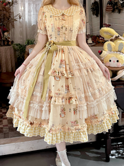 Yellow Bunny and Sunflower Print Puff Sleeves Sweet Lolita Dress with Overlay and Plaid Hem