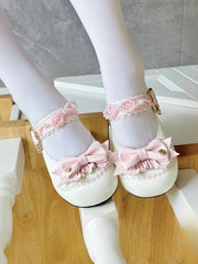White Sweet Lolita Low Heels in PU Leather - Cat Paw Heel, Bow Decor and Kitty Clasp