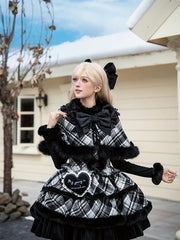 Black & White Winter Lolita Plaid Set - JSK + Reversible Cape + Leg Warmers + Brooches