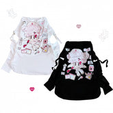 Yami Kawaii Cartoon Print Patchwork Sleeves Black/White Jirai Kei Top