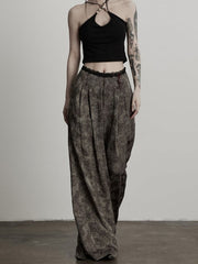 Urban Goth Grey Rock-Pattern Wide-Leg Pants with Waist Woven Trim & Beaded Embellishment