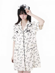 Beige Scalloped Edge Collar Allover Panda Print Pajamas Shirt Dress Panda Plushie