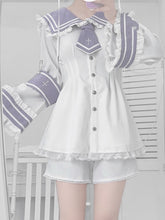 Jirai Kei Nautical Fashion Set - White and Purple Bell Sleeves Top with Matching Shorts