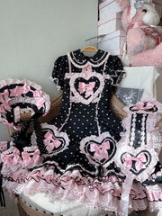 Black & Pink Heart Polka Dot Sweetheart Applique Sweet Lolita Dress with Bow Accents