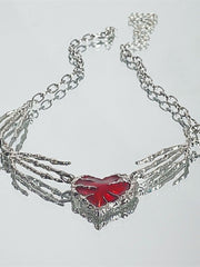 Red Sweetheart Pendant Skeleton Claw Punk Necklace