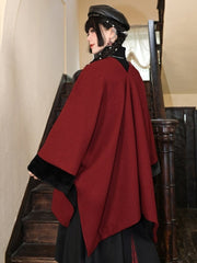 Red New Year Cape Coat - Tassel Embellished Button Placket & Plush Sleeve Cuffs