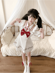Yami Kawaii Red Cross Embroidered White Lace Halter Dress with Cutout Shoulders and Heartbeat Print Skirt