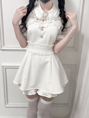 White Jirai Kei Set -Shirt Collar Sweetheart Rhinestone Decoration Lace Shawl Top + Shorts + Bowtie