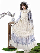 White & Purple Floral Print Ruffled Lolita Skirt + Cross-Collar Top + Beige Lace Trimmed Apron Set
