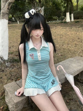 Blue Striped Polo Dress with Partial Heart-Shaped Buttons