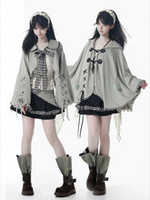 Mori Kei Dusty Gray Knit Cropped Top & Beige Cami Set with Peter Pan Collar and Lace-Up Sleeves