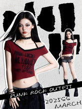 Y2K Red Rock Punk Graphic Halter Neck Cropped T-shirt with Asymmetrical Neckline & Hem
