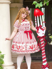 Plus Size Red Strawberry and Bow Print Lolita Gingham Dress