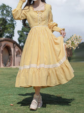 Yellow Plaid Bishop Sleeves One Piece High Waist Sweet Lolita Dress