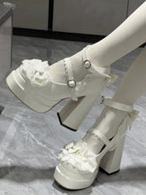 White Sweet Lolita Platform High Block Heel Mary Jane Shoes with Bow Accents and Lace Trim