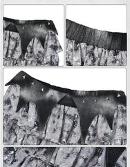 Y3K Fashion Futuristic Silver Gray Low Waist Bat Wing Detail Waistband Sequins Tiered Cyberpunk Skirt