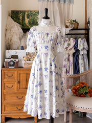 Blueberry Print Whitet Square Neckline Midi Dress with Free Choker and Hairclip